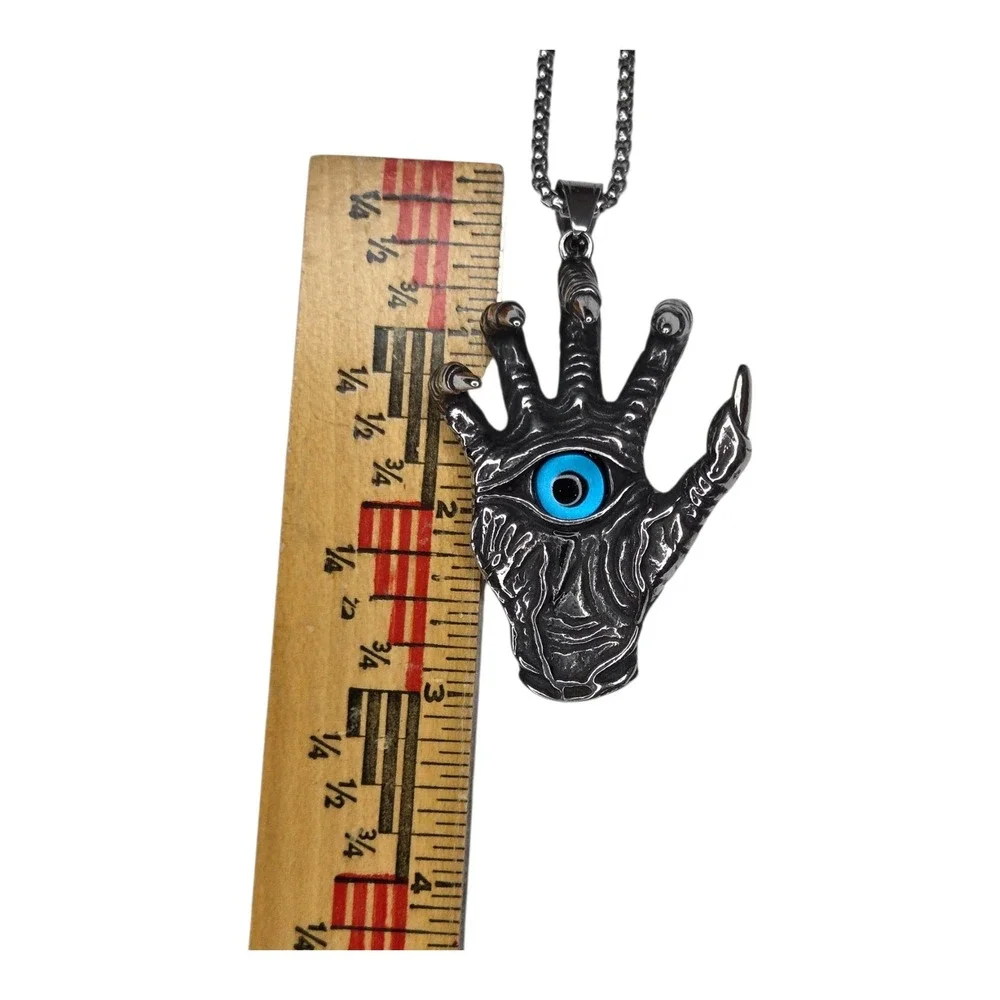 Vintage Monster Hand Necklace Metal Silver Tone Evil Eye Goth Punk Pendant